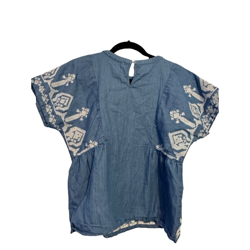 Central Park West Top Embroidered Boho Blue White Peplum Small Boho Peasant S